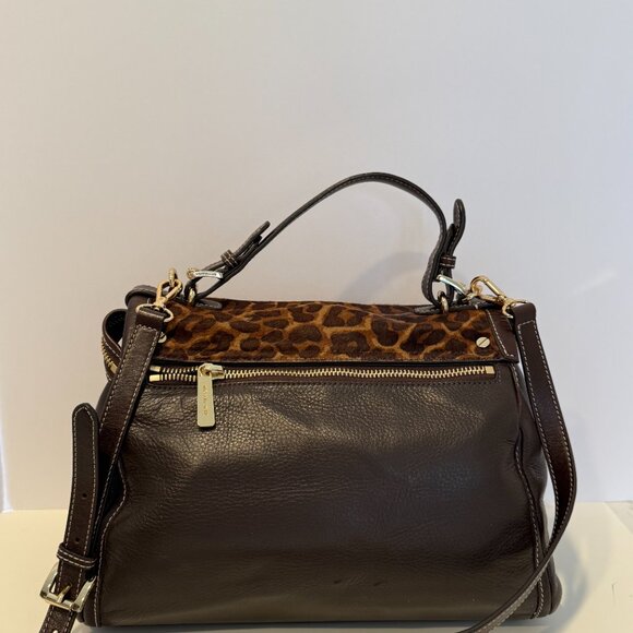 Michael Kors Satchel Leopard Calf Skin Flap Top Handel Dk Brown Pebbled Leather - Picture 12 of 16